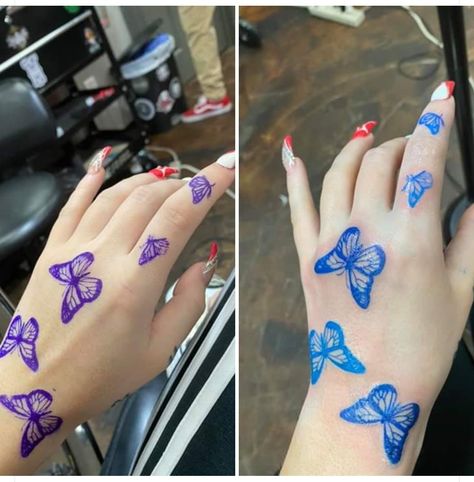 Hands Butterfly, Blue Ink Tattoos, Blue Butterfly Tattoo, Butterfly Hand Tattoo, Hand Tattoos For Girls, Cute Hand Tattoos, Pretty Hand Tattoos, Butterfly Tattoos For Women, Bff Tattoos