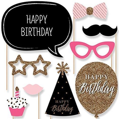 Chic Happy Birthday - Pink, Black and Gold - Birthday Photo Booth Props Kit - 20 Count Props Ideas, Party Photo Booth Props, Milestone Birthday Party, Anniversaire Diy, Birthday Photo Booths, Stick Photo, Gold Birthday Party, 80th Birthday Party, Diy Bricolage