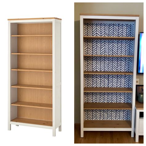 Ikea Hemnes Bookcase Styling, Hemnes Bookshelf Hack, Peel And Stick Wallpaper Bookcase, Ikea Hemnes Bookshelf, Wallpapered Bookcase, Book Shelf Ikea, Bookshelf With Wallpaper Backing, Hemnes Bookshelf, African Tiles