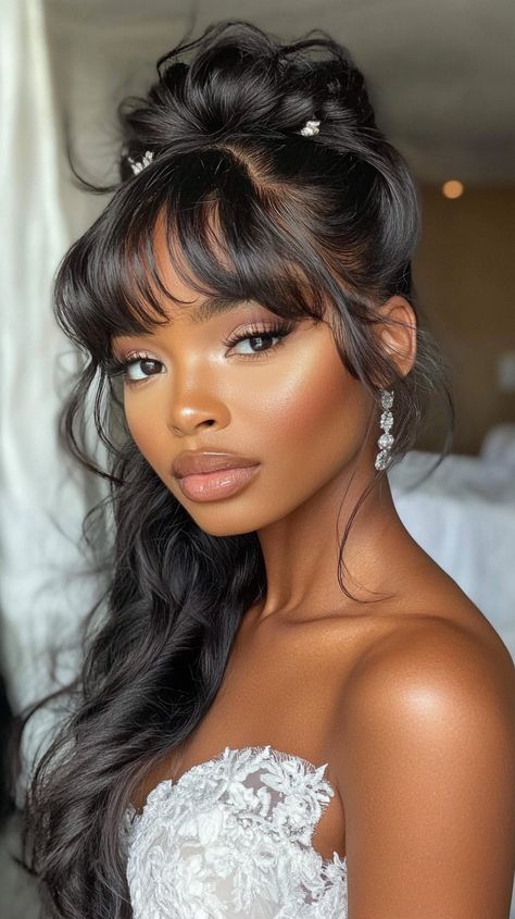 💃 Elegant Bridal Hair Half Up wedding hairstyles half up half down bangs | Exclusive Essence Half Up Half Down Bangs, Up Wedding Hairstyles, Medium Length With Bangs, Elegant Bridal Hair, Bridal Hair Half Up, Wedding Hair Trends, Half Up Wedding, Half Up Wedding Hair, Hair Maintenance Tips