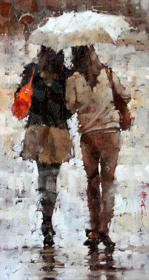 Rain Andre Kohn Painting, Andre Kohn Art, Andre Kohn, Rain Painting, Rain Art, Umbrella Art, Lesbian Art, Figurative Artwork, Walking In The Rain