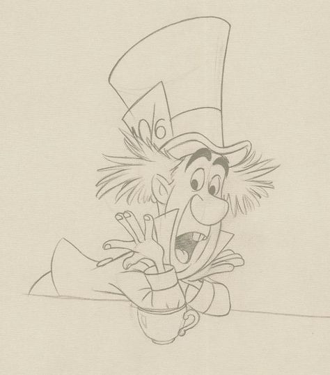 Mad Hatter sketch Mad Hatter Drawing Cartoon, Mad Hatter Sketch, Mad Hatter Drawing, Great Doodle, Disney Sketchbook, Tooth Tattoo, Disney Drawings Sketches, Intarsia Woodworking, Disney Tattoo