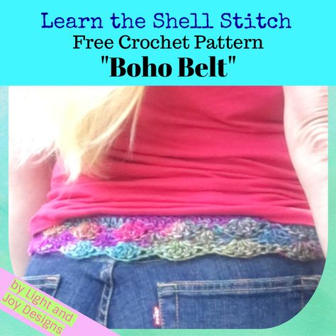 Free Crochet Pattern & Tutorial -“The Boho Belt” – Learn the Shell Stitch – Light and Joy Designs Crochet Boho Belt Free Pattern, Crochet Belts, Crocheted Purses, Belt Pattern, Crochet Shell, Crochet Belt, Bohemian Crochet, Boho Belt, Crochet Shell Stitch