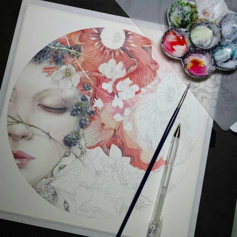 Watercolor Beautiful, Watercolor Face, Artwork Watercolor, Cat Air, Watercolor Inspiration, 영감을 주는 캐릭터, Watercolor Portraits, Painting Illustration, Art Journals