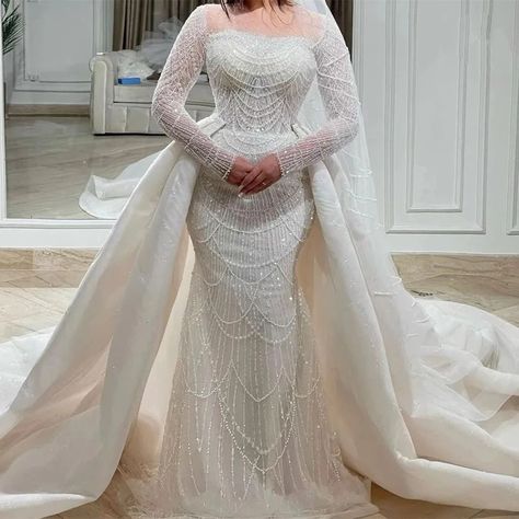 Exquisite Wedding Dress Long Sleeves Bateau Shiny Sequins Pearls Beaded 3d Lace Detachable Train Bridal Gowns Vestido De Novia - Wedding Dresses - AliExpress Mermaid Wedding Dress With Detachable, Wedding Dress With Detachable Train, Dress With Detachable Train, Wedding Dresses Mermaid Sweetheart, Long Sleeve Bridal Gown, Bridal Party Gowns, Detachable Train, Sweetheart Wedding Dress, Dream Wedding Ideas Dresses