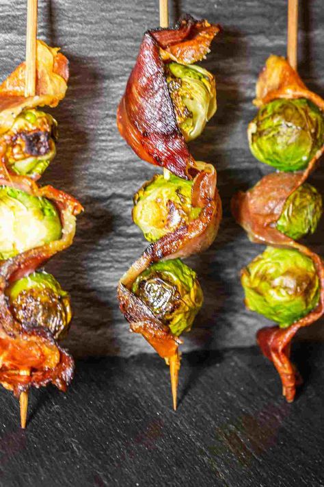 Brussels Sprouts With Bacon Recipe, Bacon On A Stick, Bacon Wrapped Brussel Sprouts, Leftover Breakfast, Brussels Sprouts With Bacon, Bacon Wrapped Shrimp, Foo Foo, Bacon Brussel Sprouts, Bacon On The Grill