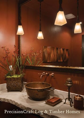 Copper Bathroom Ideas, Log Home Bathroom, Sink Mirror, Color Bathroom, Rustic Bath, Timber Homes, Orange Bathrooms, Bathroom Lights, Copper Bathroom