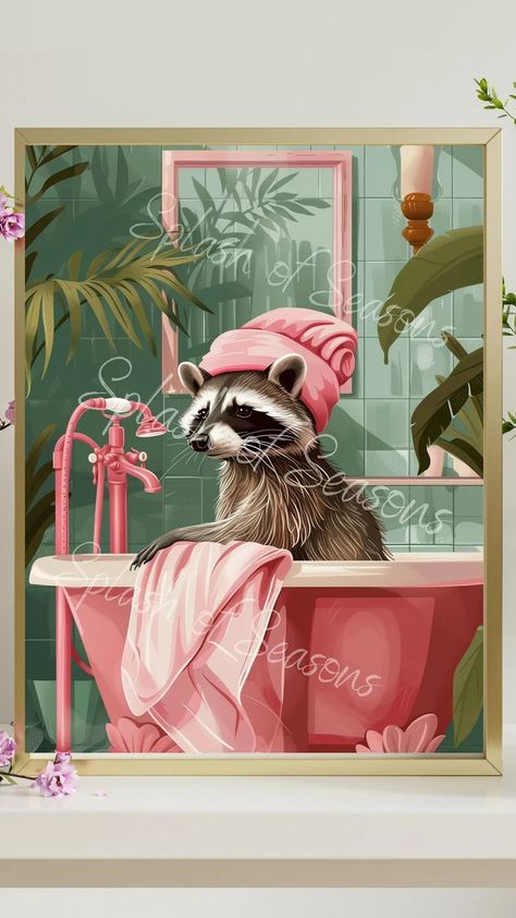 Raccoon in the Bathtub Bathroom Print, Maximalist Home Decor, Bathroom Wall Art, Housewarming Gifts, Eclectic Decorations - Etsy Pink Paintings, Bathroom Painting, Maximalist Home Decor, Raccoon Art, Bathtub Bathroom, Maximalist Home, Home Decor Bathroom, In The Bathtub, Pink Painting