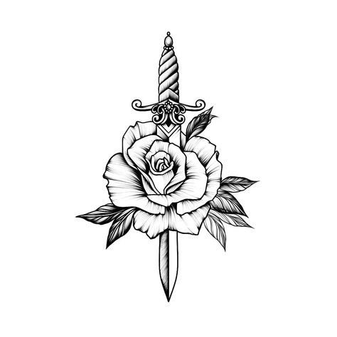 Rose and Dagger Tattoo Designs Rose Knife Tattoo Design, Dager Tattoos With Rose, Dagger Through Rose Tattoo, Dagger And Flower Tattoo, Dagger With Flowers Tattoo, Dagger Flower Tattoo, Floral Dagger Tattoo, Dagger Rose Tattoo, Dagger And Rose Tattoo