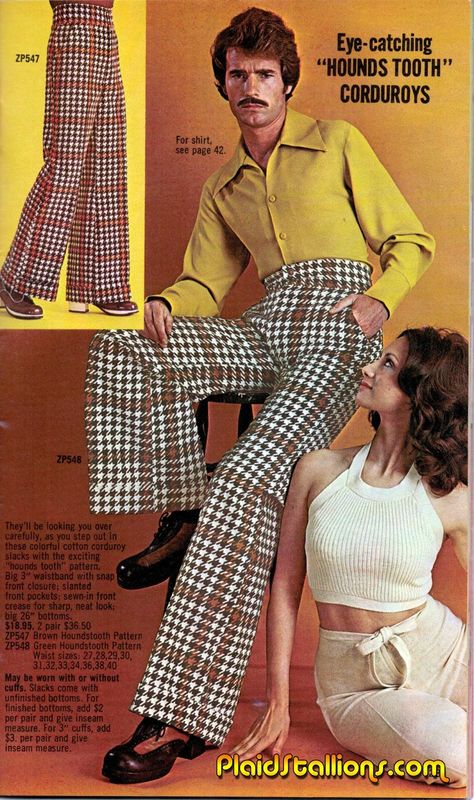 Eye catching houndstooth flares and Big collared shirts 70s Men Disco, Disco 1970s, 70s Fashion Men, 70s Mens Fashion, 70s Mode, Western Outfits Men, 70s Clothing, Disco Fashion, 60s 70s Fashion