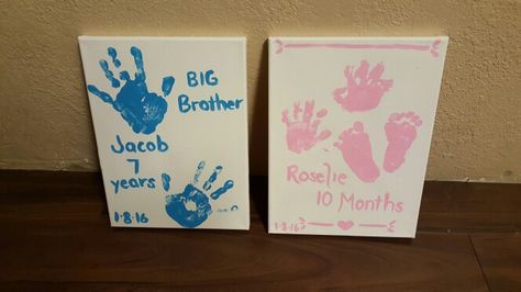 Big brother little sister handprints Brother Painting Ideas, Brother And Sister Handprint Art, Sibling Painting Canvases, Brother Sister Painting Canvases, Brother And Sister Baby Painting, Big Brother Little Sister, Welcome New Baby, Promoted To Big Brother, Baby Painting