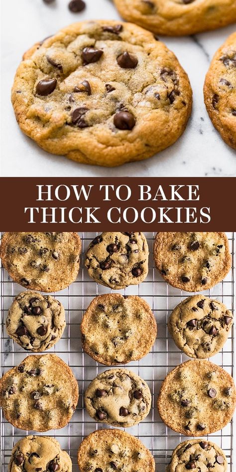 Learn the secrets for how to bake super THICK cookies that don’t spread into sad flat puddles while baking or deflate after cooling. Plus how to fix flat cookies after baking! You'll make the BEST soft chocolate chip cookies after these tips. #thickcookies #howtomakethickcookies #chocolatechipcookies How To Make Thick Chocolate Chip Cookies, Why Are My Cookies Flat, How To Make The Best Cookies, Best Soft Chocolate Chip Cookies, Flat Cookies, Thick Cookies, Make Chocolate Chip Cookies, Food Cookies, Soft Chocolate Chip Cookies