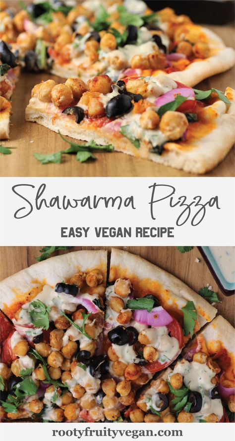 Shawarma Pizza, Vegan Pizza Toppings, Chickpea Shawarma, Vegan Shawarma, Tahini Drizzle, Vegan Weeknight Meals, Seasoned Chickpeas, Plant Based Pizza, Dairy Free Pizza