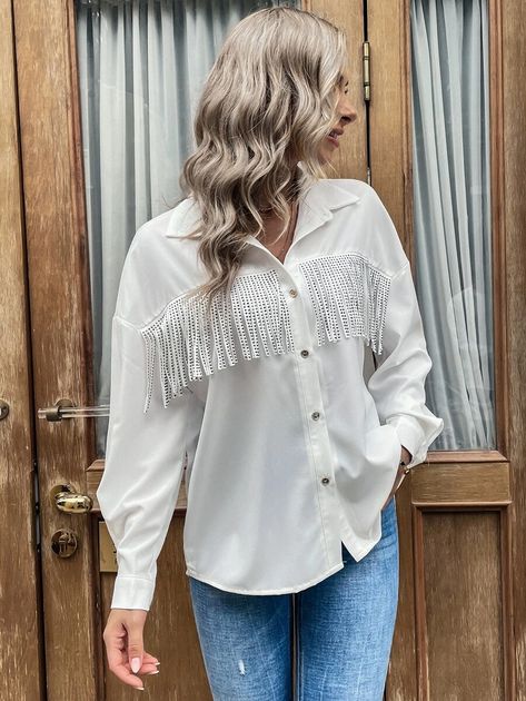 Drop Shoulder Rhinestone Fringe Trim Shirt Blouse Korean Style, Long Sleeve Shirt Women, Drop Shoulder Sleeve, Looks Country, Spring Break Outfit, Colorful Crop Tops, Early Spring Outfits, Spring Fashion Outfits, Black And White Blouse