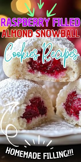 Raspberry Filled Almond Snowball Cookies Christmas Snowball Cookies Recipes, Christmas Snowball Cookies With M&m, Raspberry Filled Almond Cookies, Ree Drummond Cookies, Raspberry Filled Snowballs, Raspberry Filled Almond Snowball, Jam Filled Snowball Cookies, Raspberry Almond Snowball Cookies, Cookies Using Almond Paste