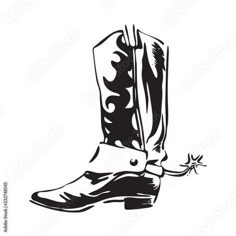 Stock Image: Hand drawn cowboy boot with spur. Wild west leather footwear vector illustration. Black isolated on white background Cowboy Boots Drawing, Western Font, White Cowboy Boots, Leather Footwear, Cowboy Boot, Wild West, Cowboy Boots, White Background, Stock Vector