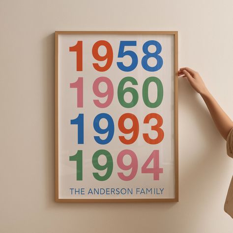 Hello & Welcome! This colorful wall poster is a custom order made of family birth years. A great keepsake gift for any family! A perfect unique keepsake gift for any family! This is a DIGITAL DOWNLAOD so no physical item such as a print or frame will be mailed to you. There are FOUR color options to choose. I can recolor to requested colors, just message me the palette. Jpg files are High Resolution (300 dpi) in RGB format Please specify which size you want in the personalization section when or Hang Multiple Pictures On Wall, Spanish Nursery Decor, Room Decor Color Palette, Bright Gallery Wall, Family Wall Art Ideas, Diy Colorful Wall Art, Family Art Ideas, Family Photos Display, Diy Gifts For Family