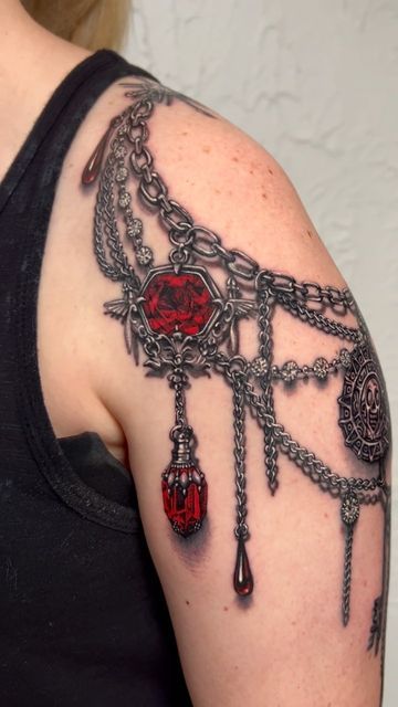 Ryan Ashley (Malarkey) DiCristina on Instagram: "Pirates of the Caribbean homage tattoo! ❤️" Victorian Jewelry Tattoo, Lace Shoulder Tattoo, Ryan Ashley Malarkey, Jewelry Tattoo Designs, Ryan Ashley, Wrist Bracelet Tattoo, Lace Tattoo Design, Gem Tattoo, Tiny Wrist Tattoos