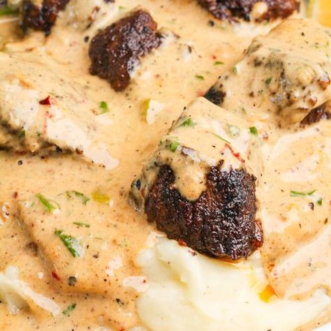 Garlic Butter Steak Bites with Parmesan Cream Sauce - Bad Batch Baking - Restaurant Copycat Recipes & Family Favorites Butter Cream Sauce, Garlic Butter Steak Bites, Butter Steak Bites, Batch Baking, Family Favorite Recipes, Buttery Mashed Potatoes, Creamy Parmesan Sauce, Restaurant Copycat, Parmesan Cream Sauce