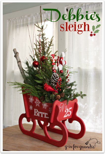 debbies sleigh filled Sleigh Arrangements, Xmas Swags, Sleigh Decorations, Christmas Sleighs, Sleigh Centerpiece, Christmas Sleigh Decorations, Yule Crafts, Pale Oak, Christmas Sled