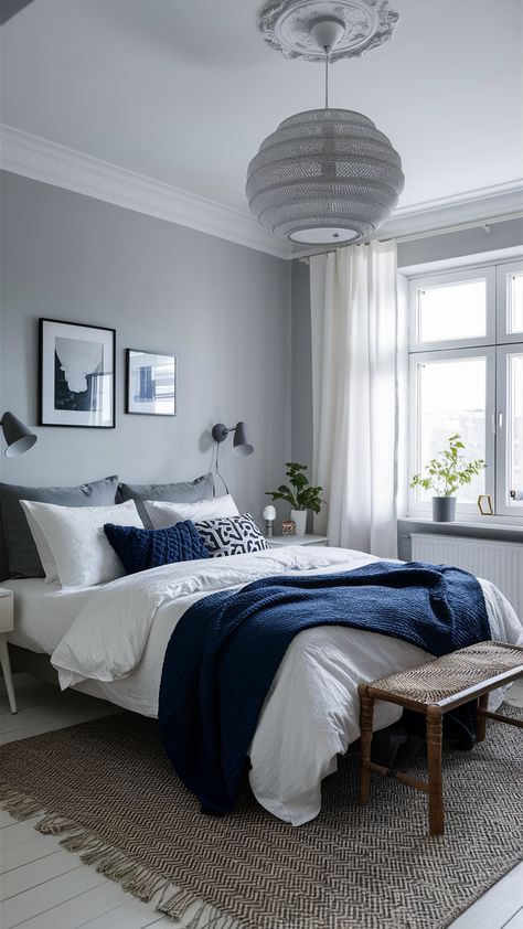 Gray Bedroom 22 Ideas: Transform Your Space with Timeless Elegance Bedroom Decor Grey Headboard, Navy And Grey Bedroom Master, Grey And Navy Bedroom Ideas, Blue Gray Bedroom Ideas, Colors That Go With Gray, Grey Bedframe Room Ideas, Grey Blue Bedroom, Blue Bedding Bedroom, Cozy Minimal Bedroom