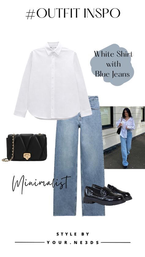 Outfit ideas White Shirt Blue Jeans Outfit Women Casual, Outfit Jeans Biru, White Shirt With Blue Jeans, Ankle Jeans Outfit, Dark Blue Jeans Outfit, Kulot Pants, Casual White Shirt, White Shirt And Blue Jeans, Korean Pants