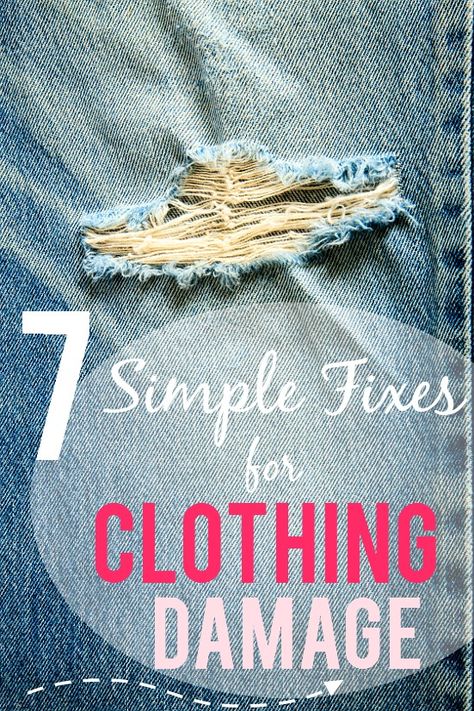 Don't Toss it! Fix it! 7 Simple Fixes for Clothing Damage - Instead of tossing damaged clothes, save money and resources by fixing them! Use these 7 simple fixes for clothing damage to get the most out of all of your clothes! Sewing Repair Hacks, Mending Clothes By Hand, Invisible Mending, Sewing Repairs, Creative Mending, Sewing Reference, Ruined Clothes, Reuse Old Clothes, Fix A Zipper