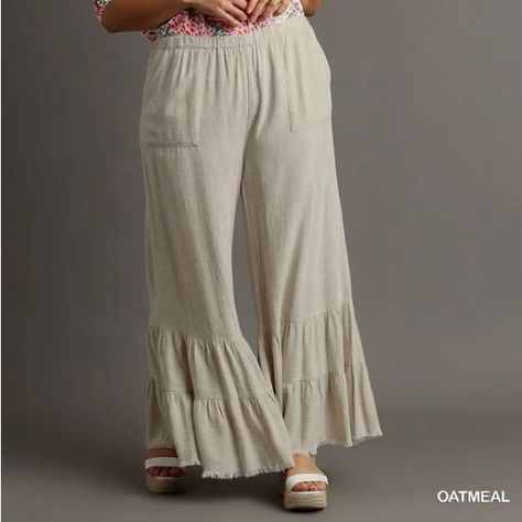 Linen Blend Ruffled Pants With Pockets And Frayed Hem. Ruffled Pants, Sheer Pants, Boho Jumpsuit, Wide Leg Palazzo Pants, Juicy Couture Charms, Ruffle Pants, Boho Pants, Pants With Pockets, Wide Leg Linen Pants