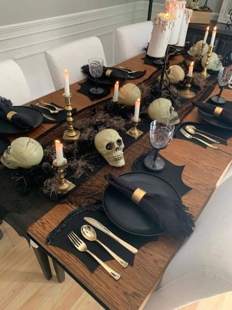 Halloween Decor Buffet Table, Skeleton Table Decor, Elegant Halloween Table Decor, Halloween Formal Dining Table, Elegant Halloween Table Settings, Black Halloween Table Decor, Halloween Diner Decor, Halloween Decoration Table, Halloween Dinning Room Decorations