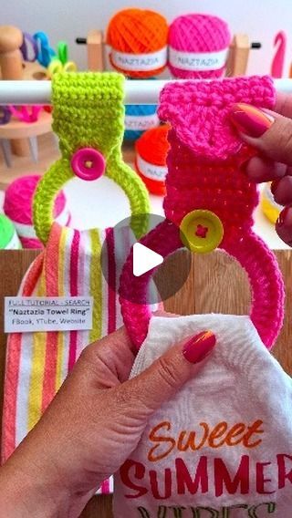 Naztazia on Instagram: "This crochet towel ring is easy to make in less than an hour. It's made with double crochet stitches around a ring. These towel holders can be used in the bathroom as well as the kitchen.  #crochet #knittersofinstagram #kitchendecor #artoftheday #yarnlove #tutorial #howto #diy #embroidery #naztazia #reels" Crochet Towel Ring, Crochet Tutorials Videos, Craft Gifts Ideas, Crochet Towel Holders, Knitting Basket, Towel Toppers, Basket Patterns, Kitchen Crochet, Crochet Towel