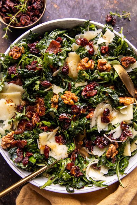 Kale Bacon Salad with Maple Candied Walnuts | halfbakedharvest.com Warm Kale Salad, Winter Salads, Baked Cabbage, Winter Salad Recipes, Maple Candy, Holiday Salads, Harvest Salad, Warm Salad, Bacon Salad