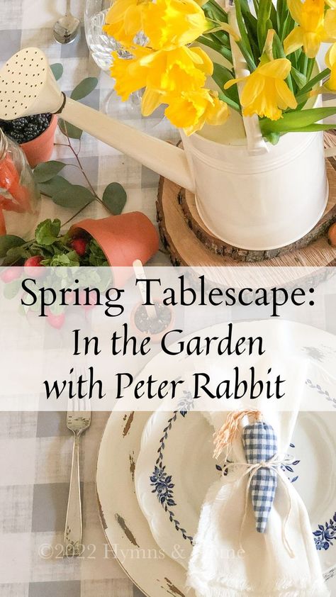 Inspiration for a garden themed Spring tablescape with a nod to Peter Rabbit! Peter Rabbit Centerpieces, Peter Rabbit Easter Table, Peter Rabbit Table Decorations, Peter Rabbit Tablescape, White Charger, Easter Garland, Spring Tablescapes, Holiday Tablescapes, Table Inspiration