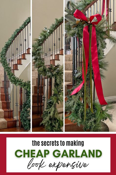 How to Make Cheap Garlands Look Lush and Expensive Diy Cheap Garland, Swag Garland Christmas, Diy Christmas Banister Decorations, Farmhouse Christmas Banister, Stairway Swag Diy, Diy Christmas Decorations For Stairs, Add Garland To Christmas Tree, Garland Wrapped Staircase, Fake Garland Decor