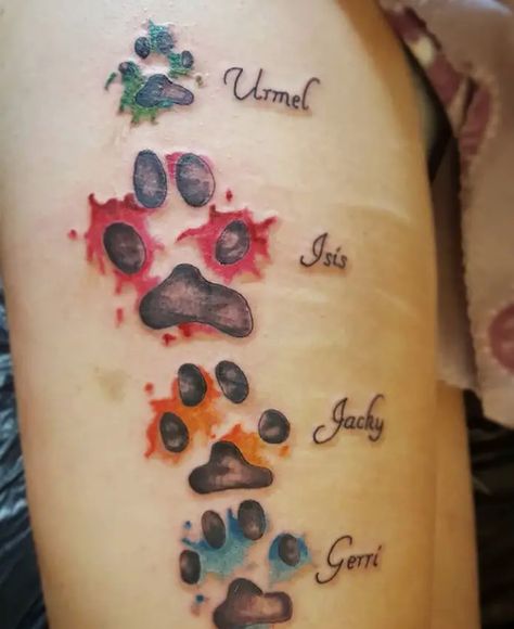 The 80+ Cutest Paw Print Tattoos Ever - The Paws Shih Tzu Paw Print Tattoo, Dog Paw Tattoo Color, Rainbow Paw Print Tattoo, Unique Paw Print Tattoo, Pet Paw Print Tattoo, Dog Paw Print Tattoo Ideas, Pawprint Tattoos, Cat Print Tattoo, Cartilage Tattoo