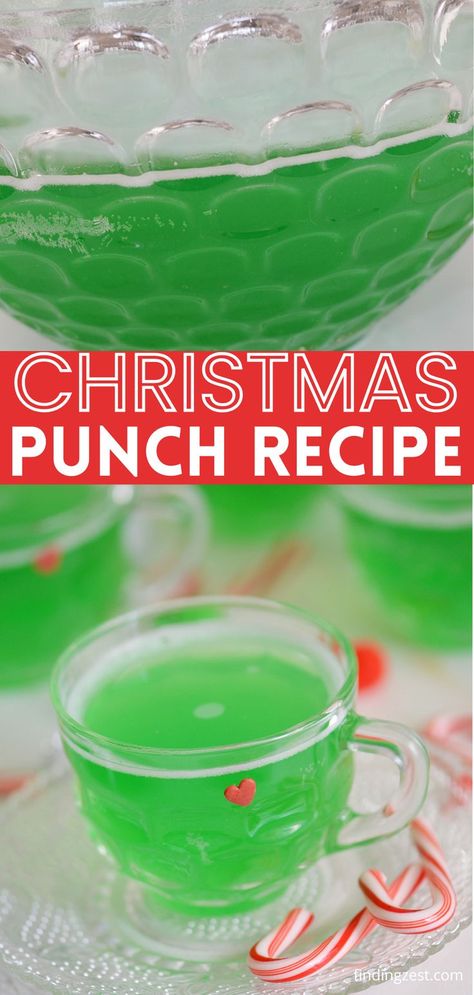 Top image is a large vintage punch bowl filled with a bright green punch. Bottom image is a vintage punch glass with a red heart sprinkle attached to the side filled with a bright green punch. Candy canes rest next to it. Green Christmas Punch, Grinch Punch Recipe, Easy Christmas Punch, Green Punch Recipes, Punch Recipes For Kids, Grinch Punch, Green Punch, Christmas Party Drinks, Sherbet Punch