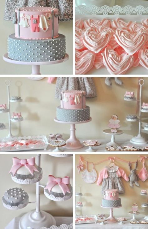 Pink Gray Baby Shower Ideas, Gray Baby Shower Ideas, Heart Meringue, Onesie Cake, Lilac Baby Shower, Pink Dessert Tables, Floral Cookies, Desserts Drawing, Grey Baby Shower