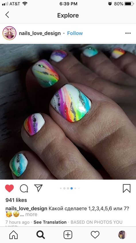 Bright Colored Toenails, Colorful Pedicure Designs, Pedicure Ideas Summer Toenails Bright Colors, Pedicure Bright Colors, Rainbow Toe Nail Designs, Bright Nails For Summer The Beach, Rainbow Pedicure Toenails, Summer Toes Designs, Summer Pedicure Designs Toenails Beach Nails