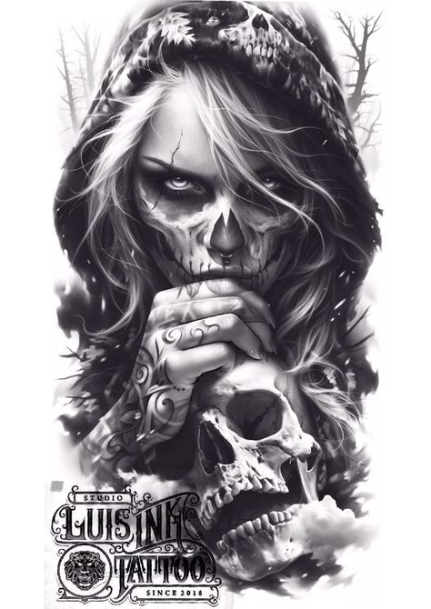 Dark Realism Tattoo Design, Background Shading Tattoo Ideas, Skull Rose Tattoos, Catrina Tattoo, Skull Girl Tattoo, Mexican Art Tattoos, Skull Sleeve Tattoos, Realistic Tattoo Sleeve, Full Sleeve Tattoo Design