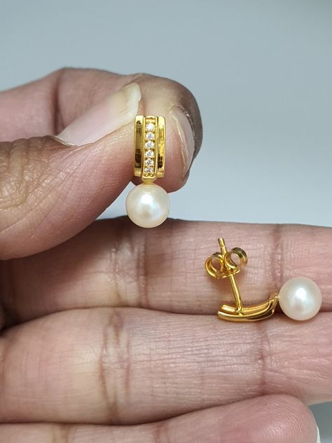 Buy 22K Yellow Gold Freshwater Pearls & Cubic Zirconia Stud Earrings Online in India - Etsy Simple Gold Earrings For Women, Pearl Studs Earrings Gold, 2 Grams Gold Earrings, Kids Earrings Gold, 2 Grams Gold Earrings Designs, Gold Jewelry Prom, Gold Earrings For Kids, Small Earrings Gold, Pearl Earrings Designs