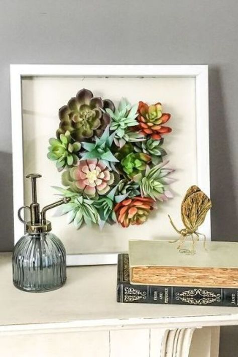 Instantly upgrade your living room home decor with this cheap and quick art you can make in 30 minutes. Dollar Store decorating is great if you're on a budget so check out this succulent art for your entryway or mantle decor. Walmart Boho Decor, Succulent Bathroom Decor Ideas, Plant Wall Art Decor, Diy Wall Decor Dollar Tree, Diy Bohemian Decor Crafts, Dollar Tree Wall Decor Diy, Diy Bathroom Wall Art, Dollar Tree Wall Art, Dollar Store Wall Decor