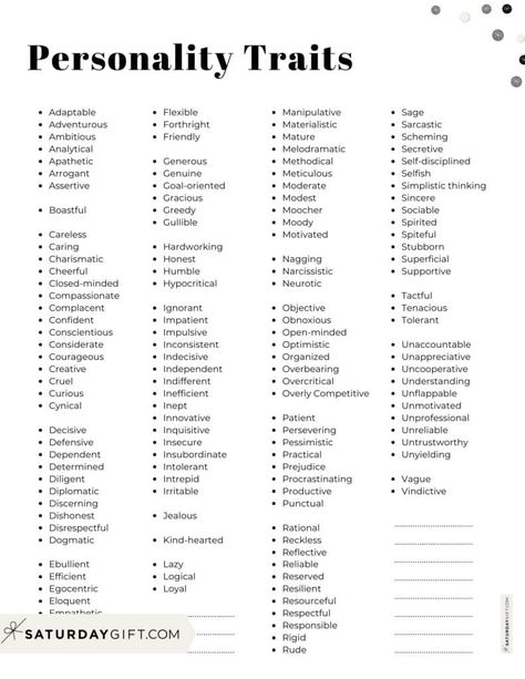 Personality Traits List - Portrait - Alphabetical order | SaturdayGift Types Of Characters Personality, Personality Traits List Negative, Personality List For Characters, Quirky Personality Traits, Different Characters In A Story, Personality Words List, Guy Personality Traits, Character Apperance Ideas, Female Character Traits