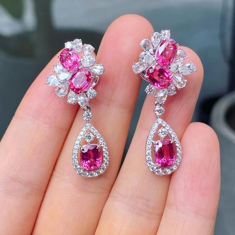 Spinel Earrings, Pink Sapphire Jewelry, Diamond Earrings Online, Spinel Jewelry, Real Diamond Earrings, 3 Earrings, Asian Jewelry, Pink Spinel, Money Magnet