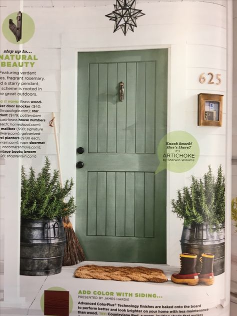 Artichoke by Sherman williams Outdoor Shutter Paint Colors, Earthy Green Front Door, Sage Front Door Colors, Moss Green Front Door, Green Front Door Tan House, Sw Artichoke Paint, Green Front Door Colors Sherwin Williams, Sherwin Williams Green Front Door, Sage Green Front Door Colors