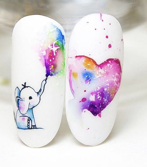 Elephant Nail Art, Elephant Nails, Water Color Nails, Valentine Nail Art, Nail Drawing, Painted Nails, Animal Nails, Nail Art Designs Diy, Nail Art Designs Videos