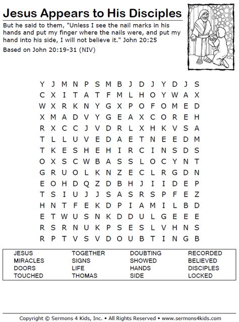 Jesus Appears to His Disciples - Word Search Jesus Appears To His Disciples, Sunday School Crossword, Sunday School Printables, Breakfast On The Beach, Bible Word Searches, Easter Sunday School, Doubting Thomas, Childrens Sermons, Children's Church Crafts