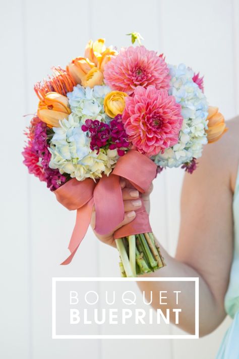 Bright pinks, vibrant oranges and glowing yellow petals paired with soft blue hydrangea -- learn more! Playful Wedding, Diy Bouquets, Diy Bride, Bridal Guide, Hand Bouquet, Diy Wedding Bouquet, Blue Bouquet, Bright Pastels, Flower Party