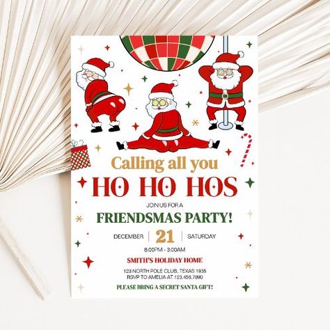 Friendsmas Santa Funny Ho Ho Hos Christmas Party Invitation | Zazzle Bunco Invitations, Friendsmas Invitations, Christmas Girls Party, Christmas Party Invitations Ideas, Christmas Invitation Wording, Funny Christmas Party Invitations, Xmas Party Invitations, Friendsmas Party, Funny Invitations