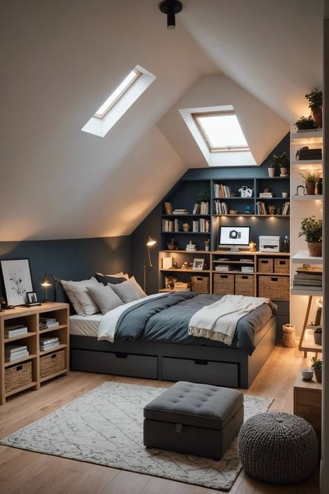 20 Creative Solutions For Small Attic Bedrooms With Low Ceilings – ToolzView Under The Eaves Bedroom, Small Bedroom Under Roof, Vintage Attic Bedroom, Boys Attic Bedroom Ideas, Attic Room Ideas Bedrooms, Attic Bedroom Layout, Pitched Roof Bedroom, Attic Bedroom Designs Angled Ceilings, Rustic Attic Bedroom