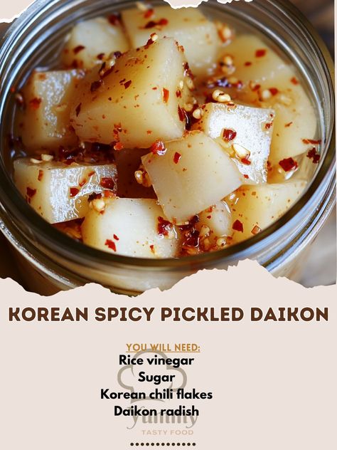 🌶️ "Add a kick to your meal with Korean Spicy Pickled Daikon—tangy, spicy, and perfect as a side dish or snack!" 🌶️🥒 #SpicyPickledDaikon #KoreanSide Korean Spicy Pickled Daikon Ingredients: Daikon radish (1 lb, peeled and sliced) Korean chili flakes (2 tbsp) Sugar (1 tbsp) Rice vinegar (1/2 cup) Salt (1 tbsp) Water (1/2 cup) Instructions: Mix water, vinegar, sugar, salt, and chili flakes in a bowl. Add daikon slices and toss to coat. Pack into a jar and let sit for 2-3 days in the fridge.... Pickled Daikon, Korean Chili Flakes, Korean Chili, Daikon Radish, Chili Flakes, Rice Vinegar, A Bowl, Side Dish, Vinegar