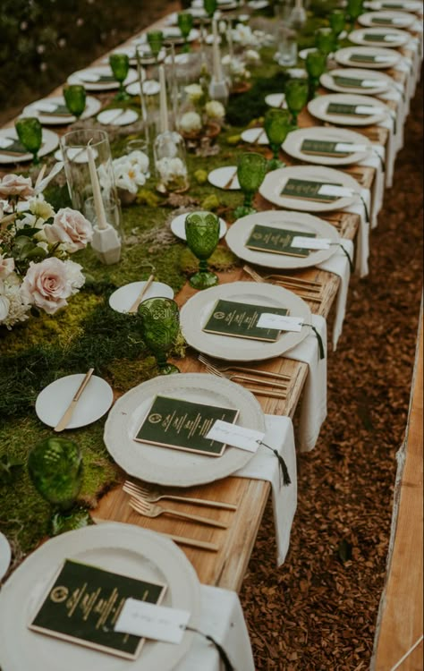 Forest wedding dinner inspo Forest Wedding Dinner Table, Enchanted Forest Wedding Place Setting, Enchanted Forest Place Setting, Wedding Sit Down Dinner, Forest Themed Wedding Reception, Forest Wedding Locations, Dinner In Forest, Wedding Table Decorations Forest, Forest Wedding Place Setting